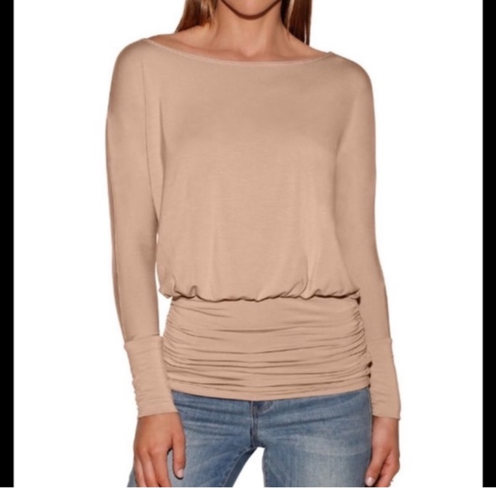 Boston Proper Beige Long-Sleeve Ruched Waist Top